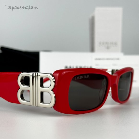 NEW Balenciaga BB0096S 015 Red Silver Logo Rectangle Unisex Sunglasses - Picture 6 of 12